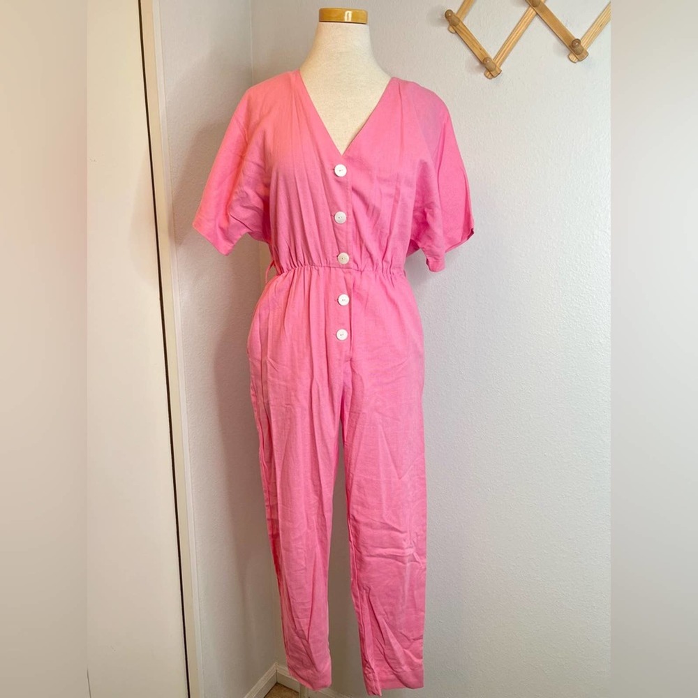 SWF Revolve Pink Linen Blend Button Front Short Sleeve Jumpsuit